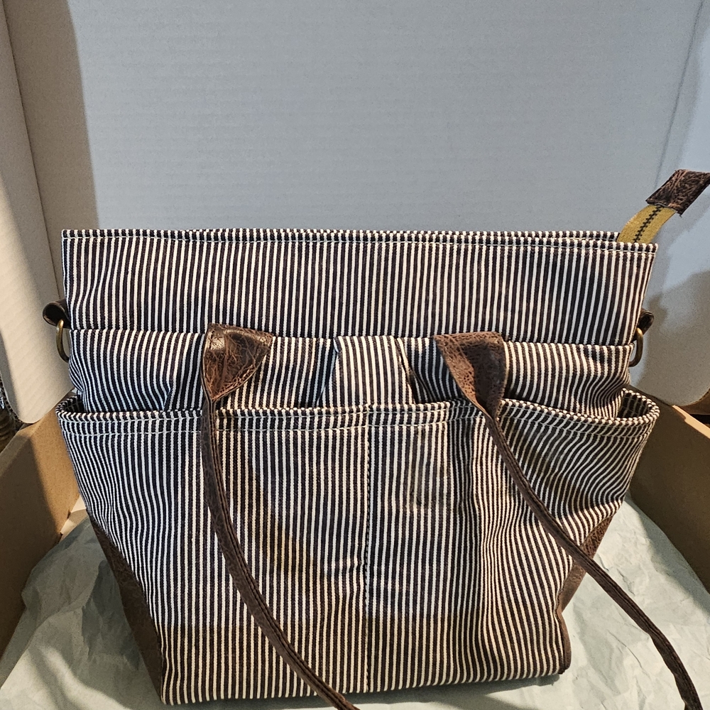 Chic Striped Tote with Brown Leather Details